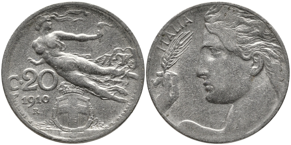 Италия 20 чентезимо 1910 R, Виктор Эммануил III (1900-1946) KM 44 никель 4175-727