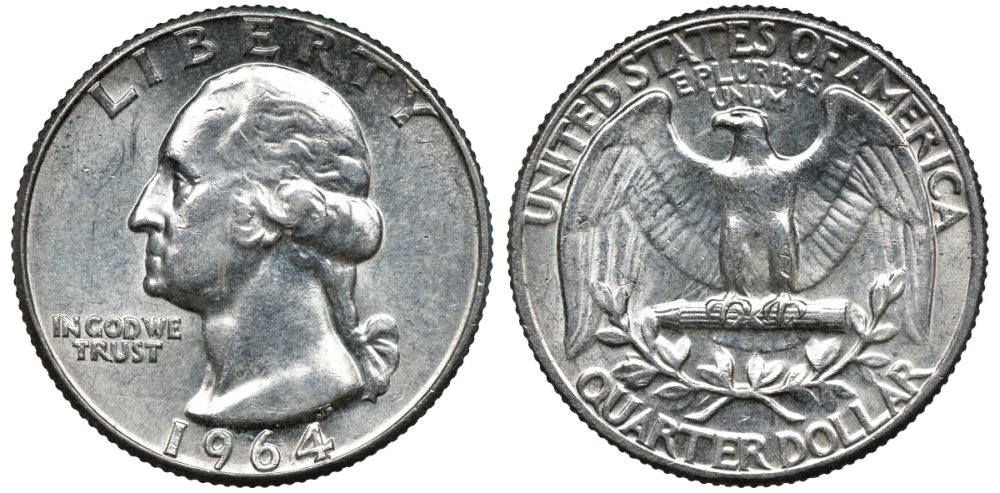 США 25 центов (квотер) 1964 Вашингтон KM 164 серебро UNC 00-00