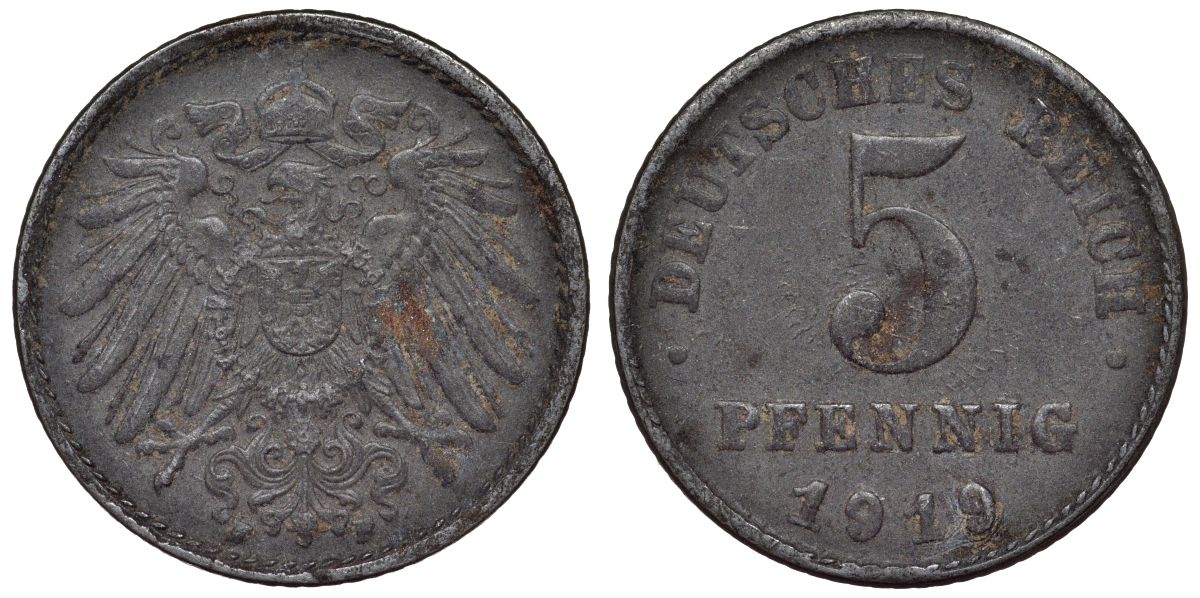 Германия 5 пфеннигов 1919 F KM 19, J. 297, Weege 5 железо 4118-1143