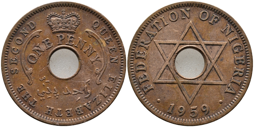 Нигерия 1 пенни 1959 Елизавета II (1952-), Британский протекторат KM 2 бронза 51-2651