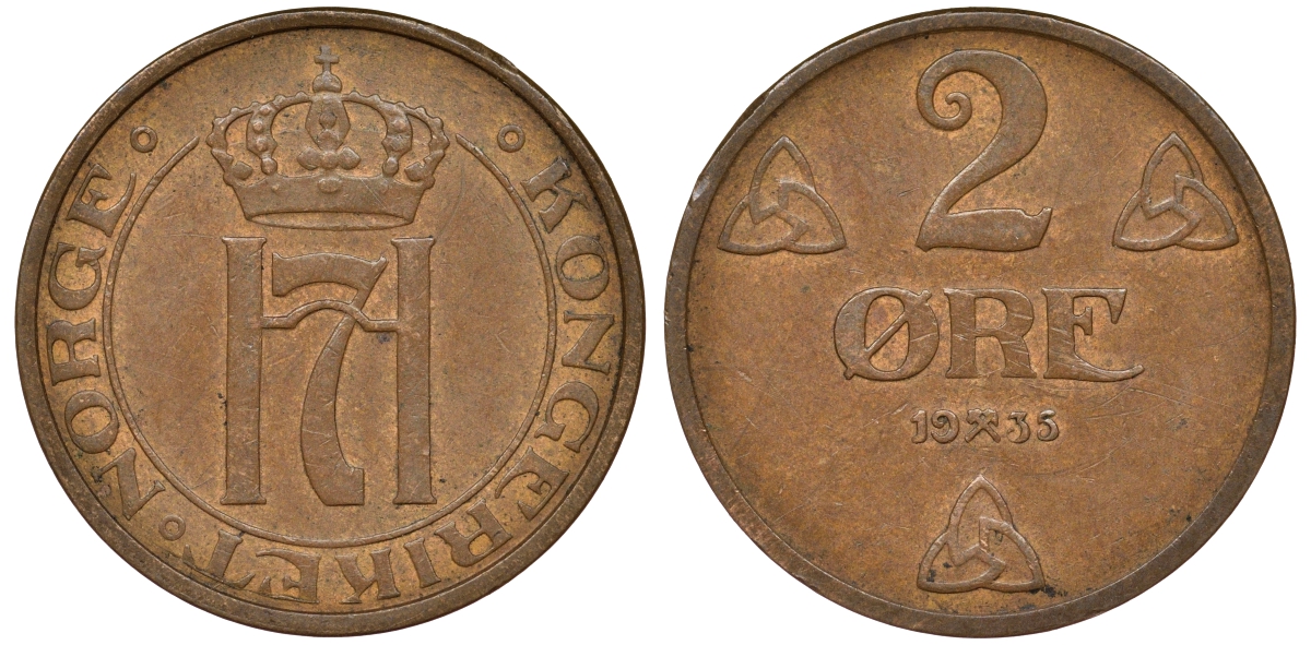 Норвегия 2 эре 1935 Хокон VII (1905-1957) KM 371 бронза 62-615
