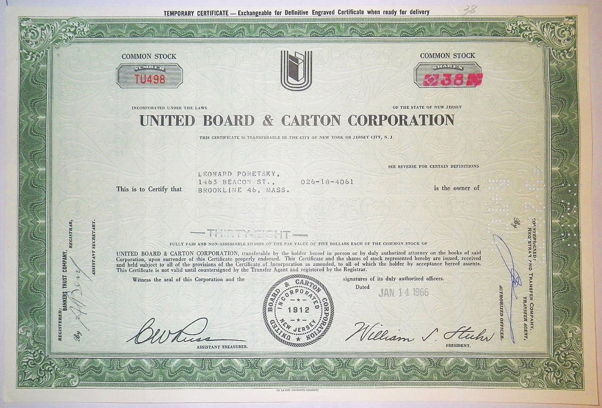 США, United Board & Carton Corporation 38 акций 1966 бумага 00-00