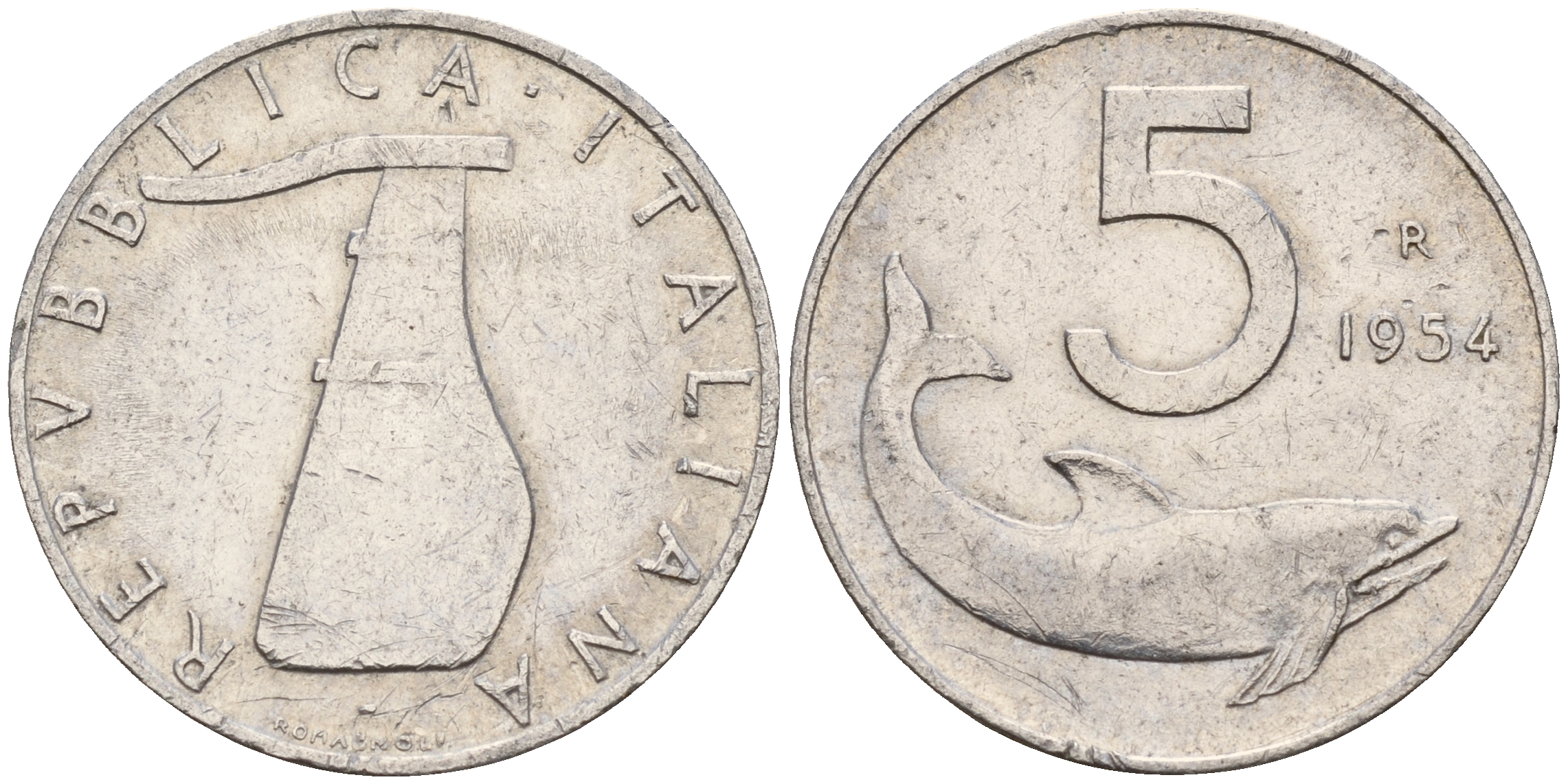 Италия 5 лир 1954 R, дельфин KM 92 алюминий    4598-1252