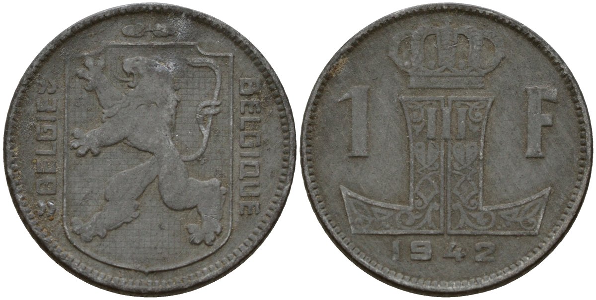 Бельгия 1 франк 1942 Belgique - Belgie, Леопольд III (1934-1947), германская оккупация, Вторая мировая война KM 127 цинк 4161-444