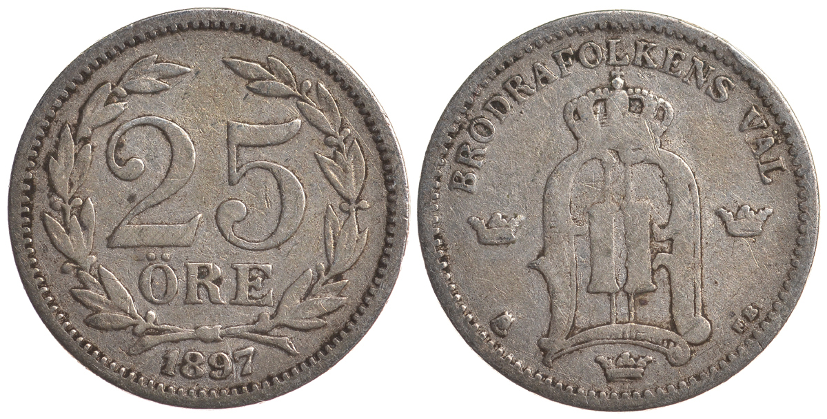 Швеция 25 эре 1897 EB, Оскар II (1872-1907) король Швеции и Норвегии KM 739 серебро 4179-824