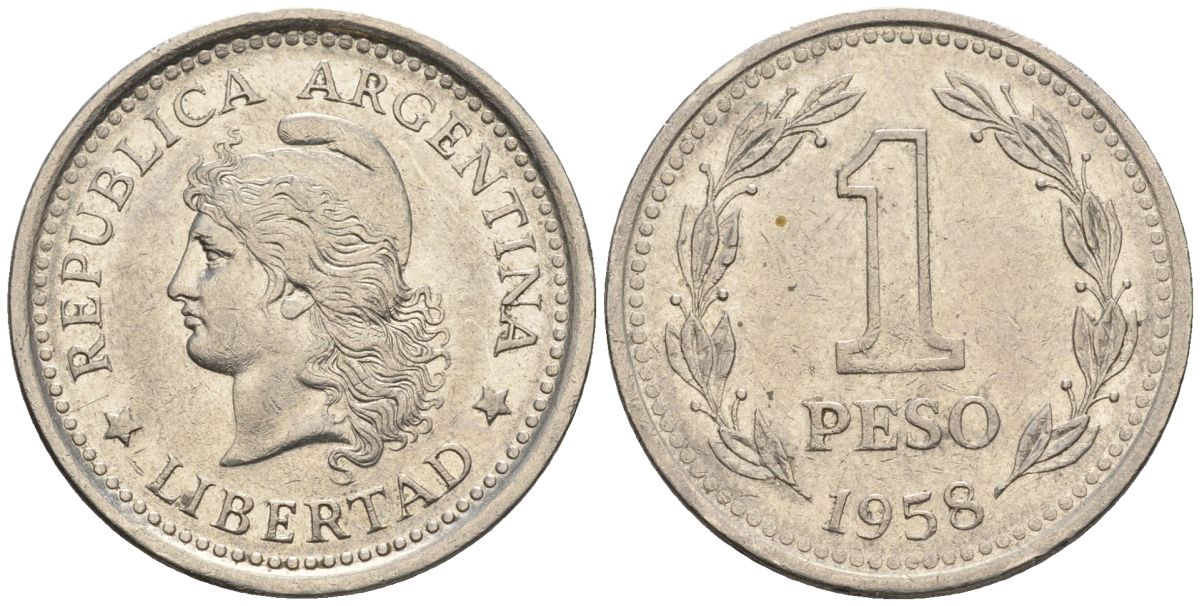 Аргентина 1 песо 1958 голова свободы влево KM 57, Schon 57 сталь плакированная никелем    60-1014