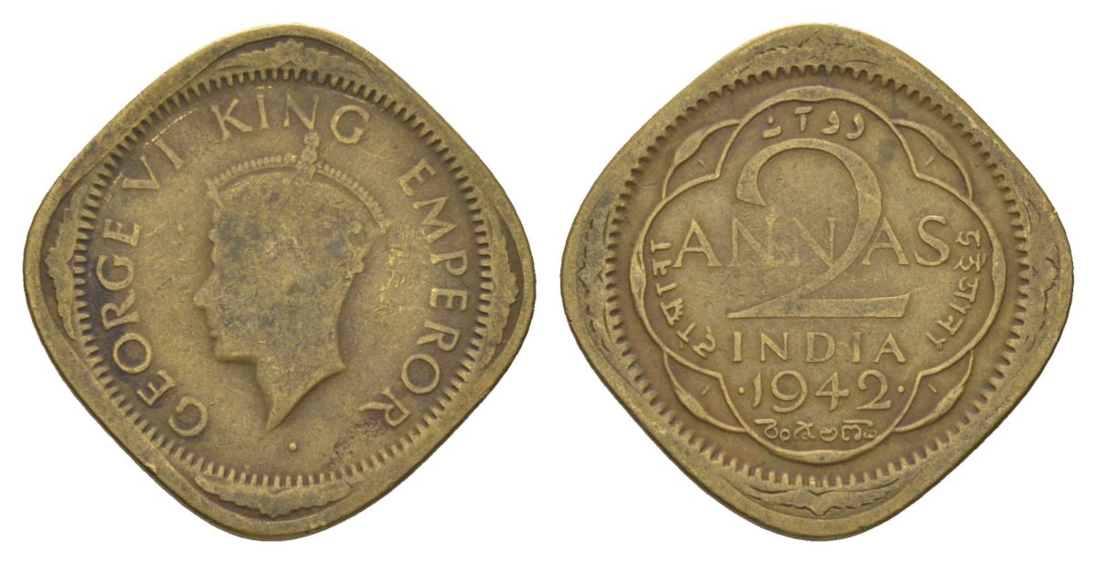 Индия 2 анны 1942 Отметка монетного двора - . (точка) - Бомбей KM 541a никель латунь 4624-1057