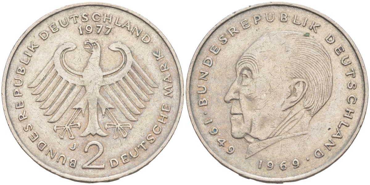 ФРГ 2 марки 1977 J, КОНРАД АДЕНАУЭР KM 124, J. 406 медно-никель плакированный никелем 4448-857