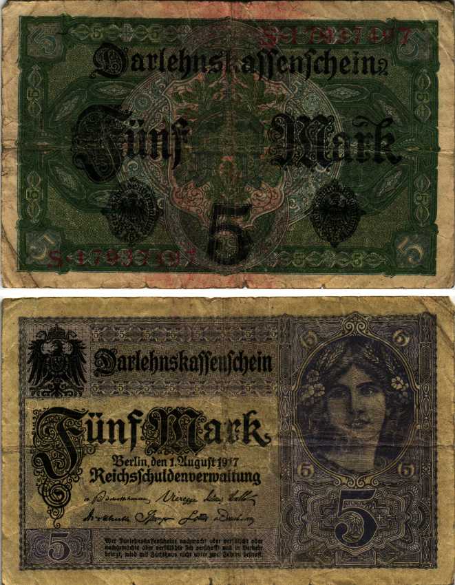 ГЕРМАНИЯ 5 МАРОК 1917 1 АВГУСТА 1917, ВОСЕМЬ ЦИФР В НОМЕРЕ Pick 56b бумага 7183-59-1-2