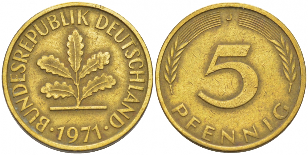 ФРГ 5 ПФЕННИГОВ 1971 J KM 107, J. 382 сталь плакированная латунью 4396-1635