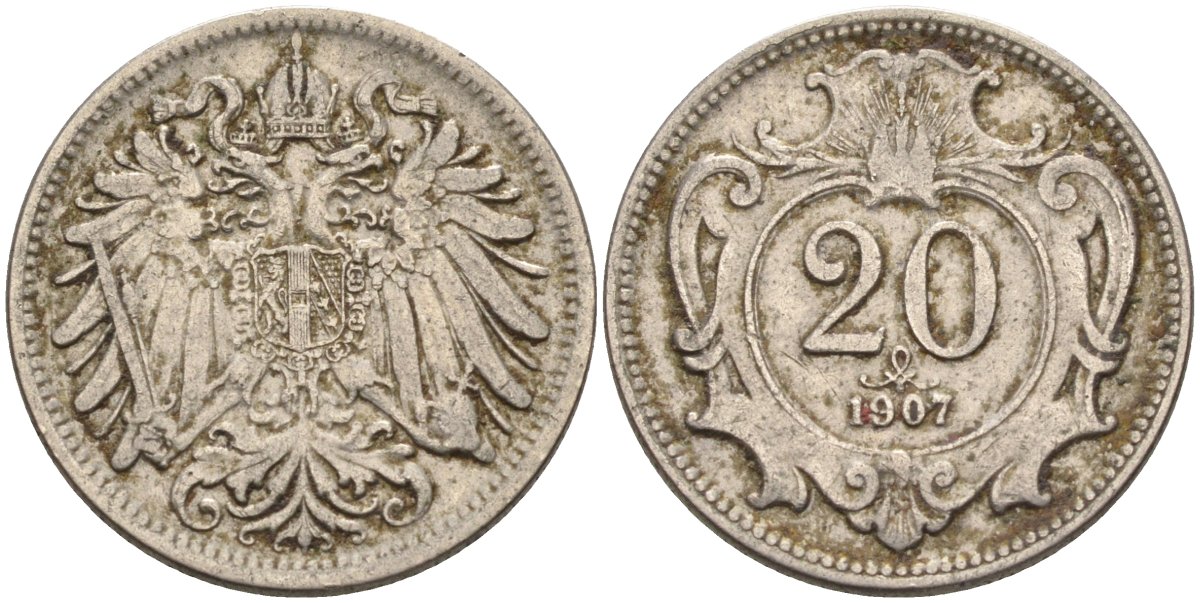 Австрия 20 геллеров 1907 Франц Иосиф I KM 2803 никель 4584-242