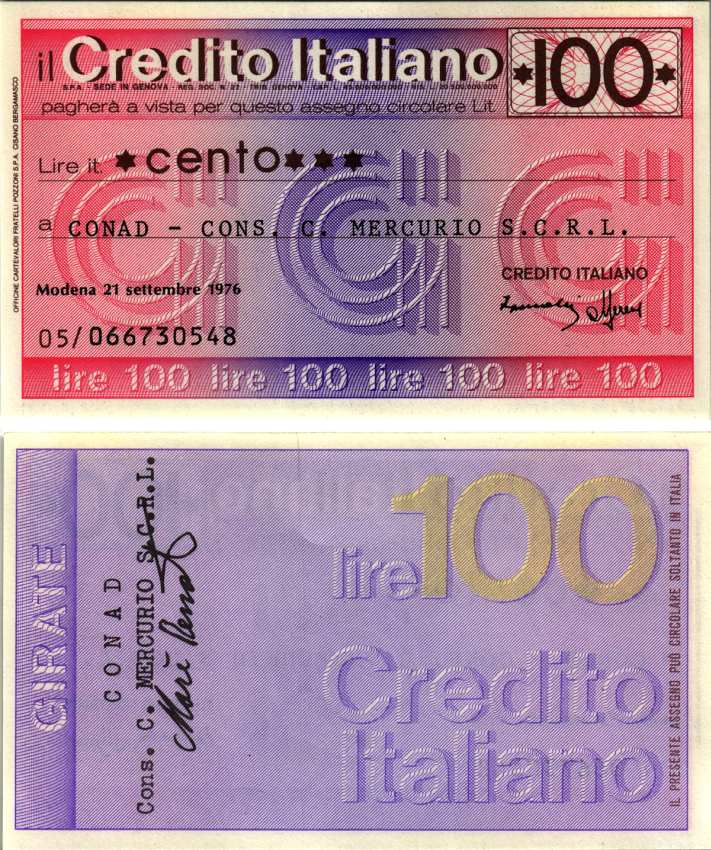 Италия чек на 100 лир 1976 21 сентября 1976, credito Italiano бумага UNC (пресс) 7204-19-1-1