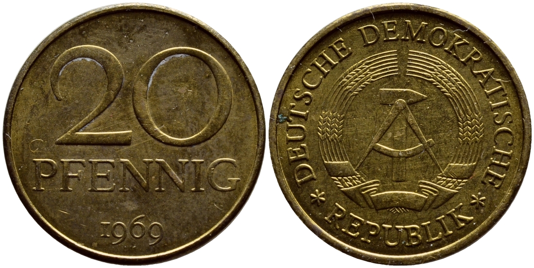 ГДР 20 пфеннигов 1969 А, первый год KM 11 латунь UNC 4398-232