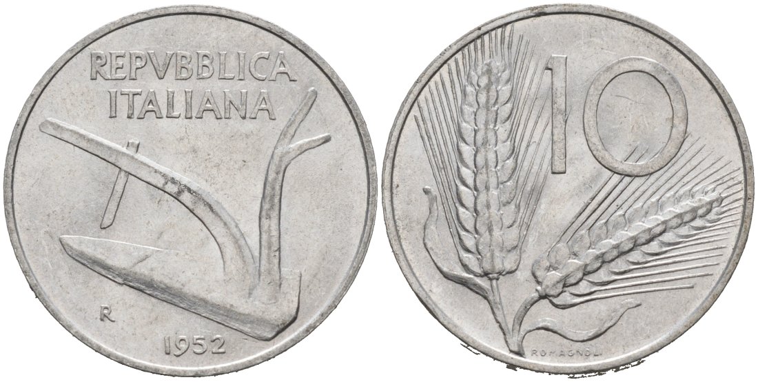 Италия 10 лир 1952 R, плуг, колосья KM 93 алюминий 4571-514