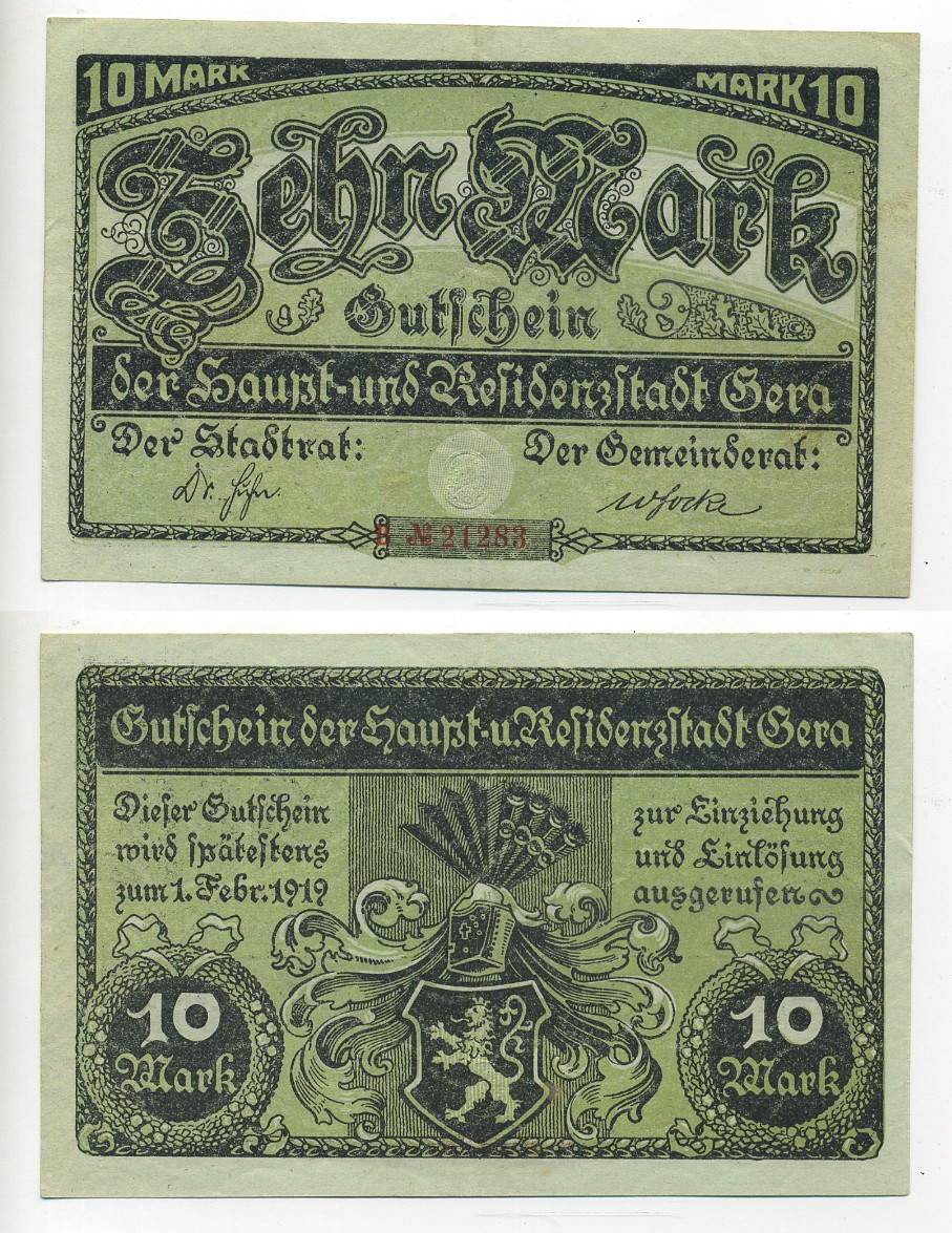 ГЕРА 10 МАРОК 1919 НОТГЕЛЬД, 1 ФЕВРАЛЯ 1919, ЗЕМЛЯ ТЮРИНГИЯ бумага 7217-42-2
