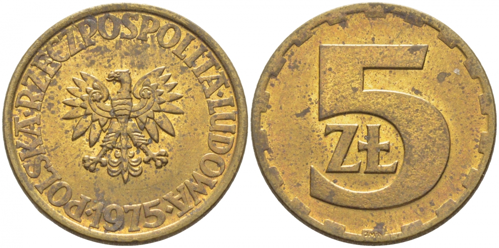 ПОЛЬША 5 ЗЛОТЫХ 1975 ЛЕНИНГРАДСКИЙ МОНДВОР KM 81.1 латунь 3856-814
