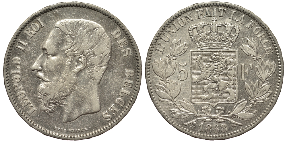 Бельгия 5 франков 1868 Леопольд II (1865-1909) KM 24 серебро 1529-1041