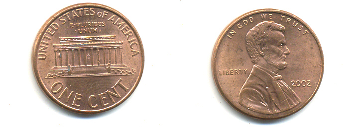 США 1 ЦЕНТ 2002 ЛИНКОЛЬН KM 201b цинк плакированный медью UNC 179-539