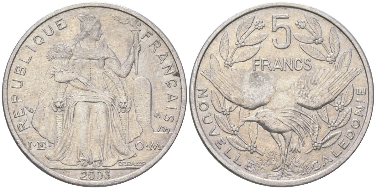 Французская Новая Каледония 5 франков 2003 птица кагу, (IEOM) KM 16, Schoen 12, Lec 81h алюминий 189-1135