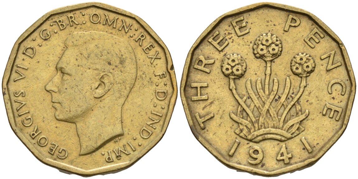Великобритания 3 пенса 1941 Георг VI (1936-1952) KM 849, Spink 4112 никель латунь 4513-1022