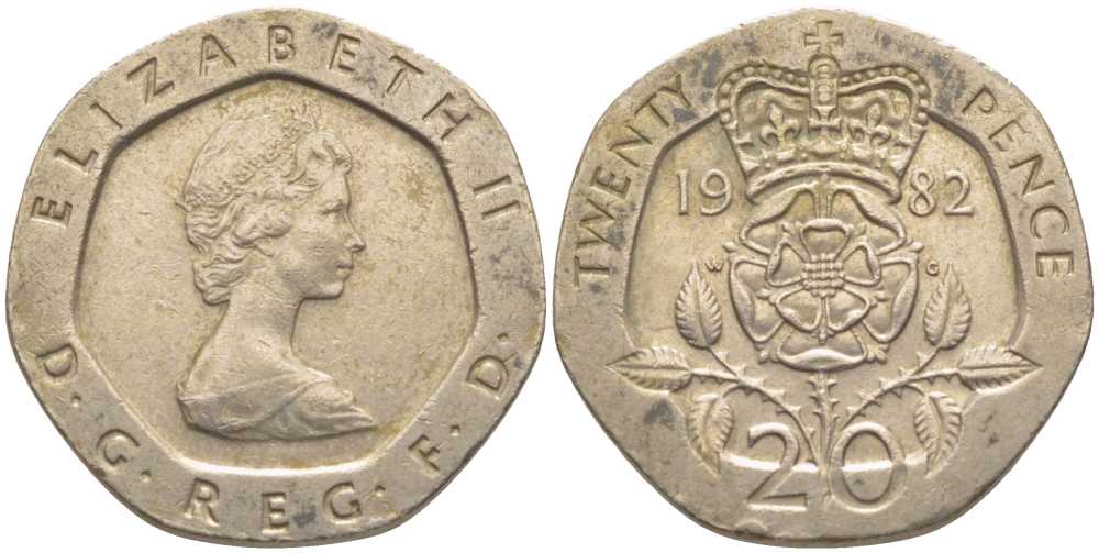 Великобритания 20 пенсов 1982 Елизавета II (1952-2022) KM 931, Spink 4230 (G1) медно-никель 117-141