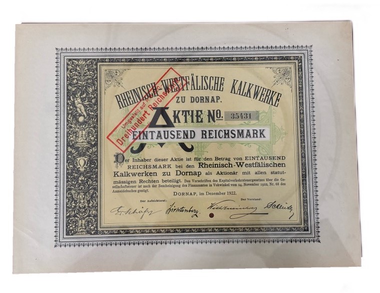 Германия акция в 1000 марок 1922 компании Rheinisch-Westfälische Kalkwerke AG / специализировалась на добыче известняка и производстве извести для сталелитейной промышленности бумага 5555-29