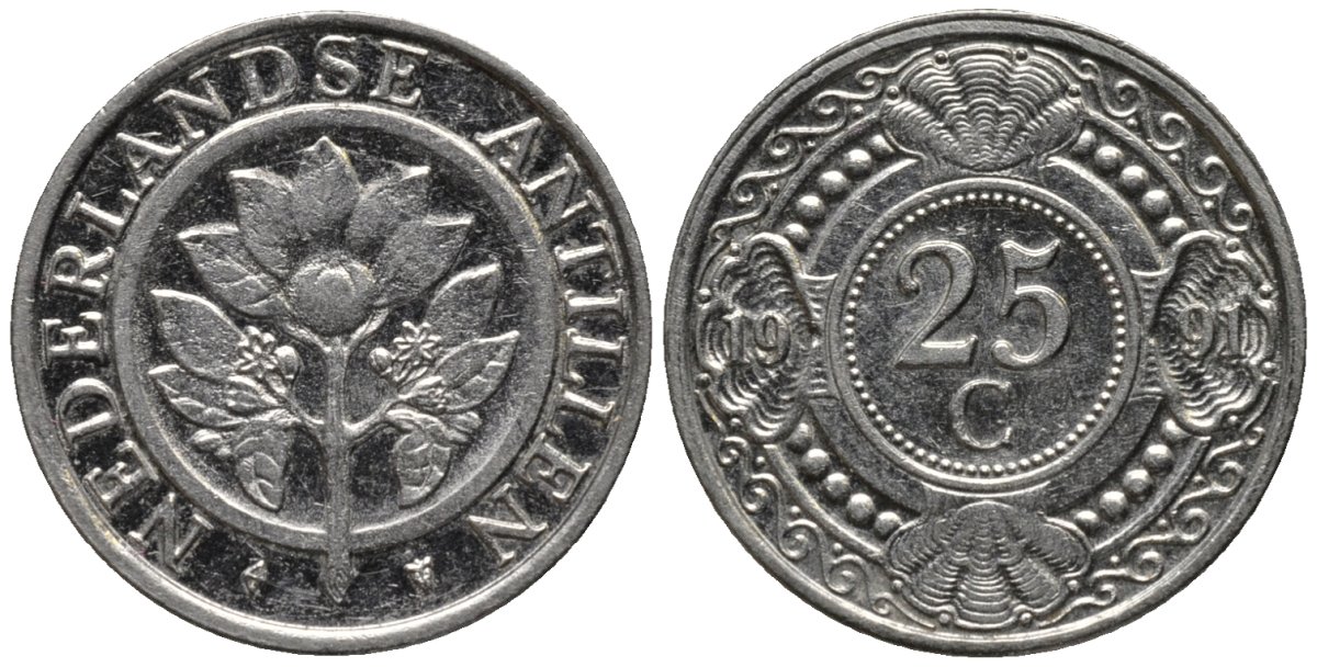 Нидерландские Антилы 25 центов 1991 Беатрикс (1980-2013) KM 35 никелированная сталь 4576-1233