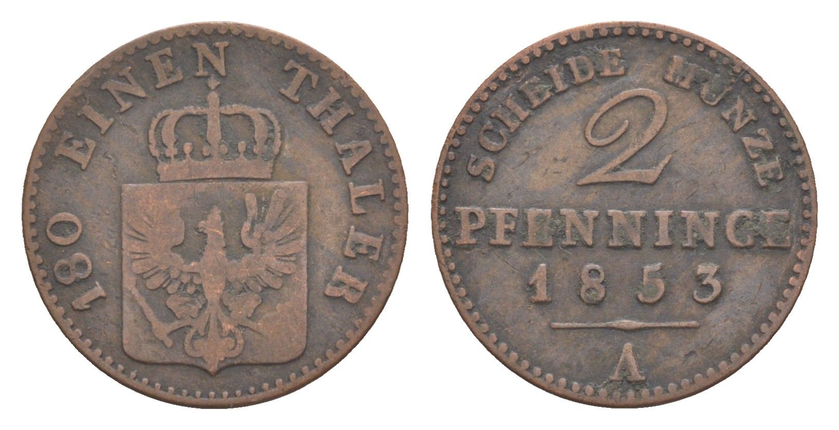 Пруссия 2 пфеннига 1853 A, Фридрих Вильгельм IV (1840-1861) KM 452, Jaeger 51, Olding 336, AKS 91 медь 4651-232