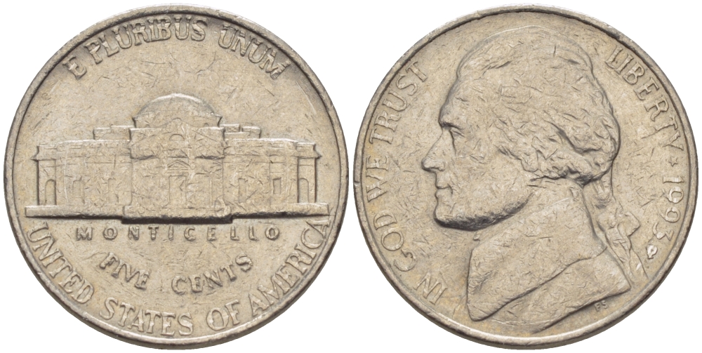 США 5 ЦЕНТОВ 1993 Р, ДЖЕФФЕРСОН KM А192 медно-никель 31-713