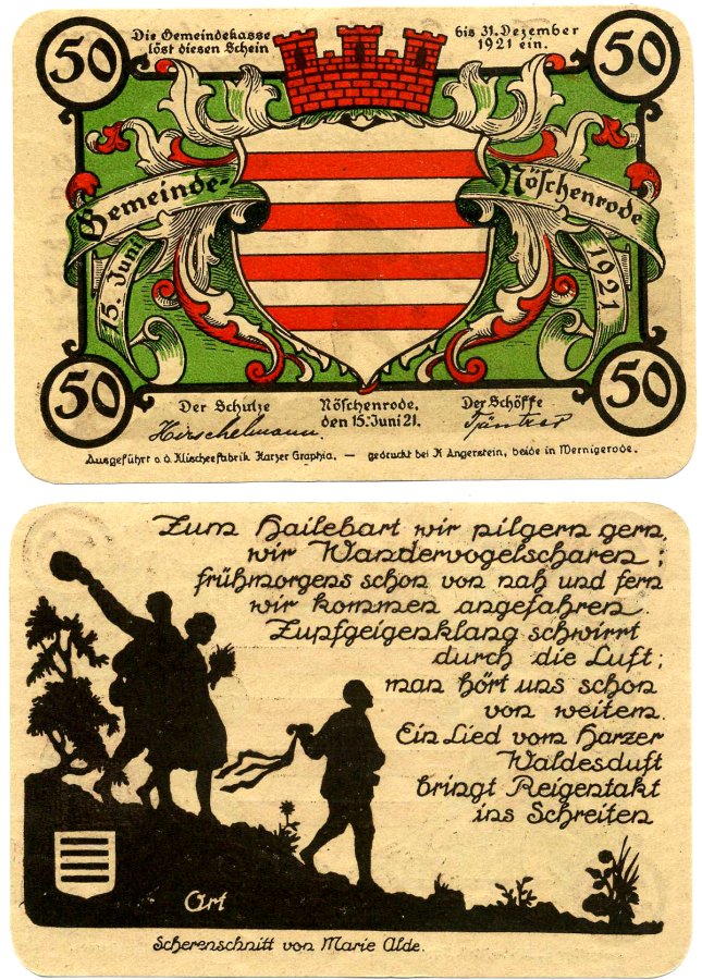 Ношенроде 50 пфеннигов 1921 15 июня 1921, нотгельд (Ort, зеленый), земля Саксония Grabowski 980.11 бумага 2195-12-1-1