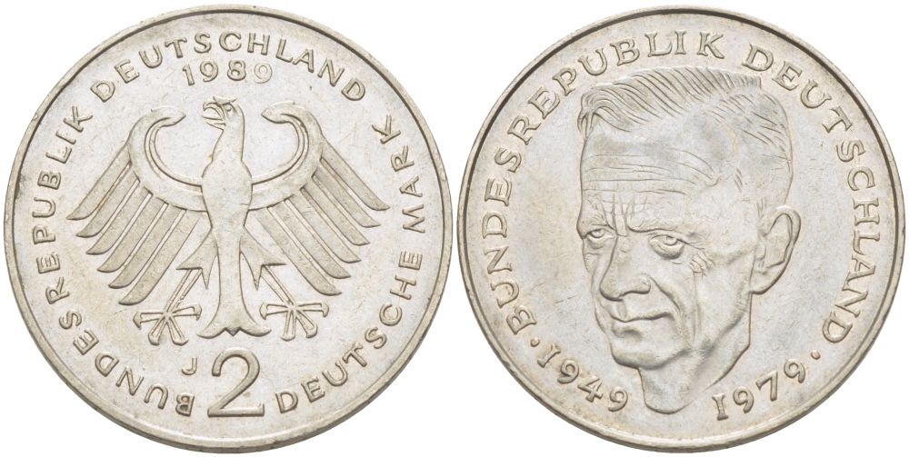 ФРГ 2 МАРКИ 1989 J, КУРТ ШУМАХЕР KM 149, J. 424 медно-никель плакированный никелем 3718-953