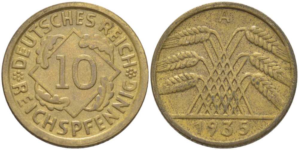 ГЕРМАНИЯ 10 РЕЙХСПФЕННИГОВ 1935 A KM 40, J. 317, Weege 9 алюминиевая бронза 210-417