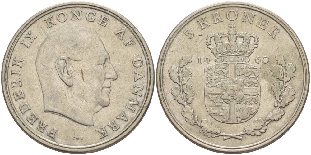 Дания 5 крон 1960 C; S, Фредерик IX (1947-1972) KM 853.1 медно-никель 4183-341