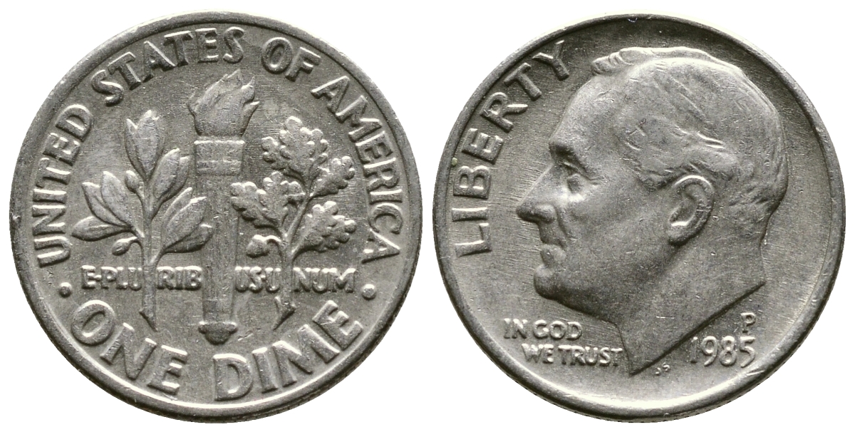 США 10 ЦЕНТОВ = 1 ДАЙМ 1985 P, РУЗВЕЛЬТ KM 195а медь плакированная медно-никелем 57-1222
