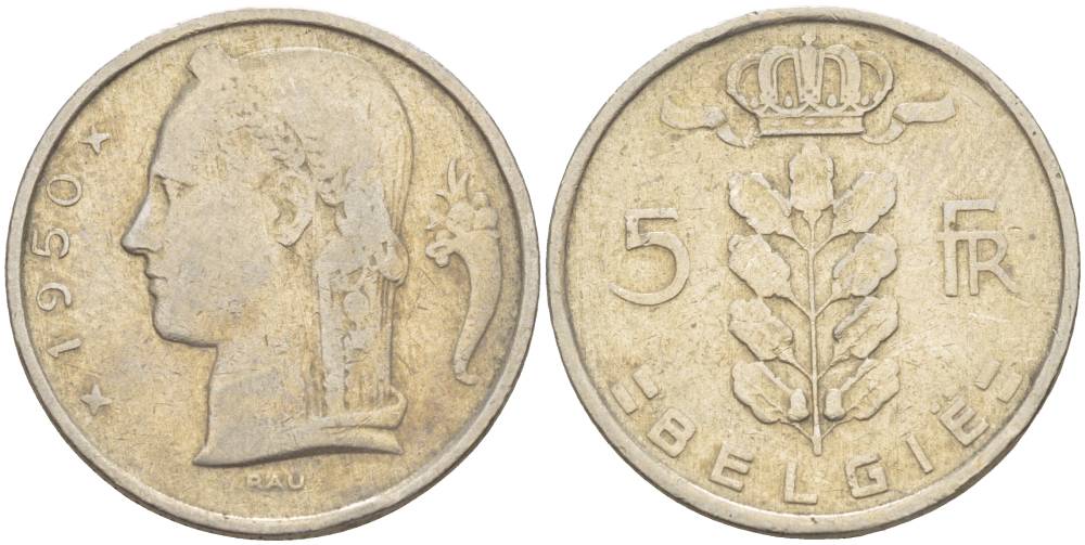 БЕЛЬГИЯ 5 ФРАНКОВ 1950 BELGIE, БОДУЭН I (1951-1993) KM 135.1 медно-никель 4546-257
