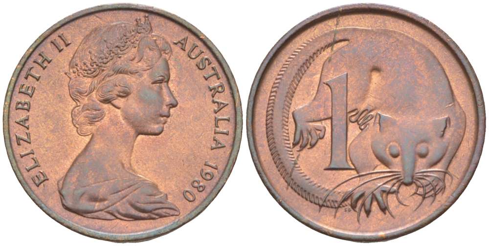 АВСТРАЛИЯ 1 ЦЕНТ 1980 ЕЛИЗАВЕТА II (1952-) МОЛОДОЙ ПОРТРЕТ, ОПОССУМ KM 62 бронза 4516-638