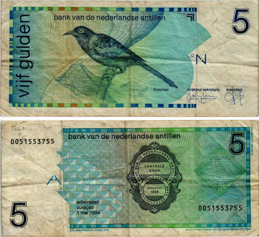 Нидерландские Антилы 5 гульденов 1994 1 МАЯ 1994, КУБИНСКАЯ ИВОЛГА (TROEPIAAL) Pick 22с бумага 6281-39-3-2