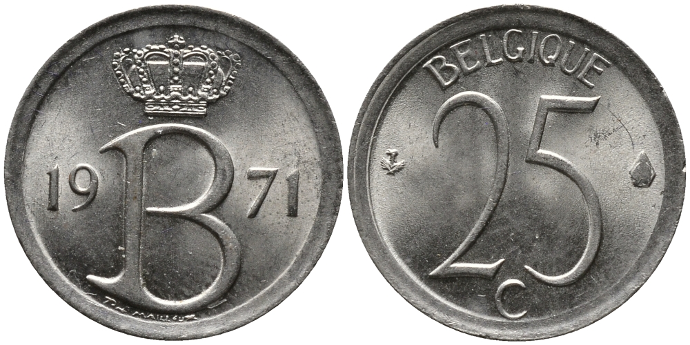 Бельгия 25 сантимов 1971 Belgique, Бодуэн I (1951-1993) KM 153.1 медно-никель 99-422