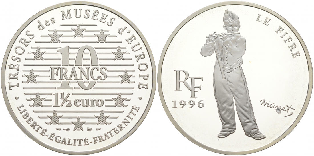 Франция 10 франков = 1 1/2 евро 1996 серия сокровища музеев Европы, игрок на флейте Эдуарда Мане KM 1122 серебро PROOF 11-039-31