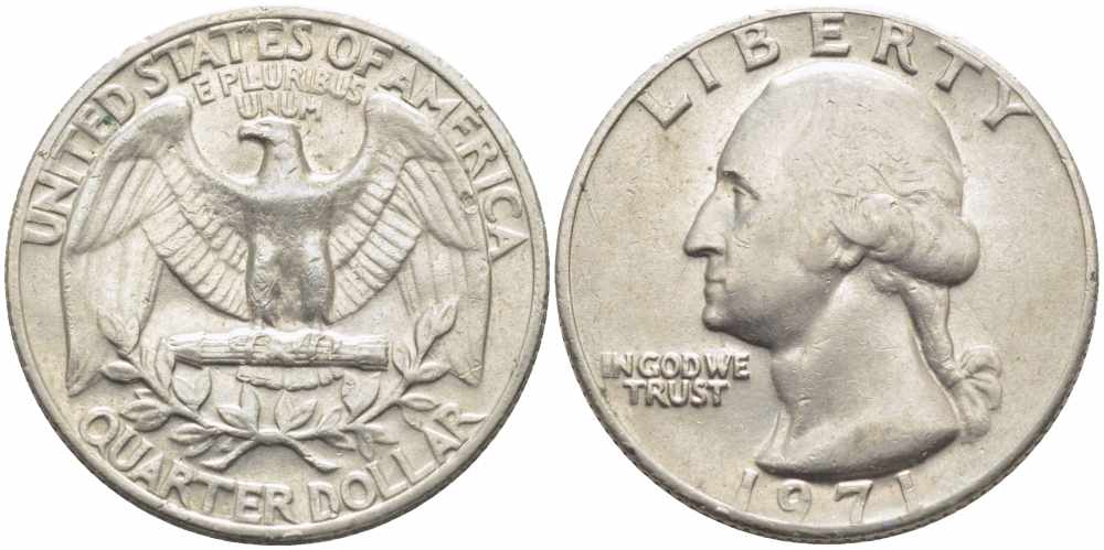 США 25 центов (квотер) 1971 Вашингтон KM 164а медь плакированная медно-никелем 63-912