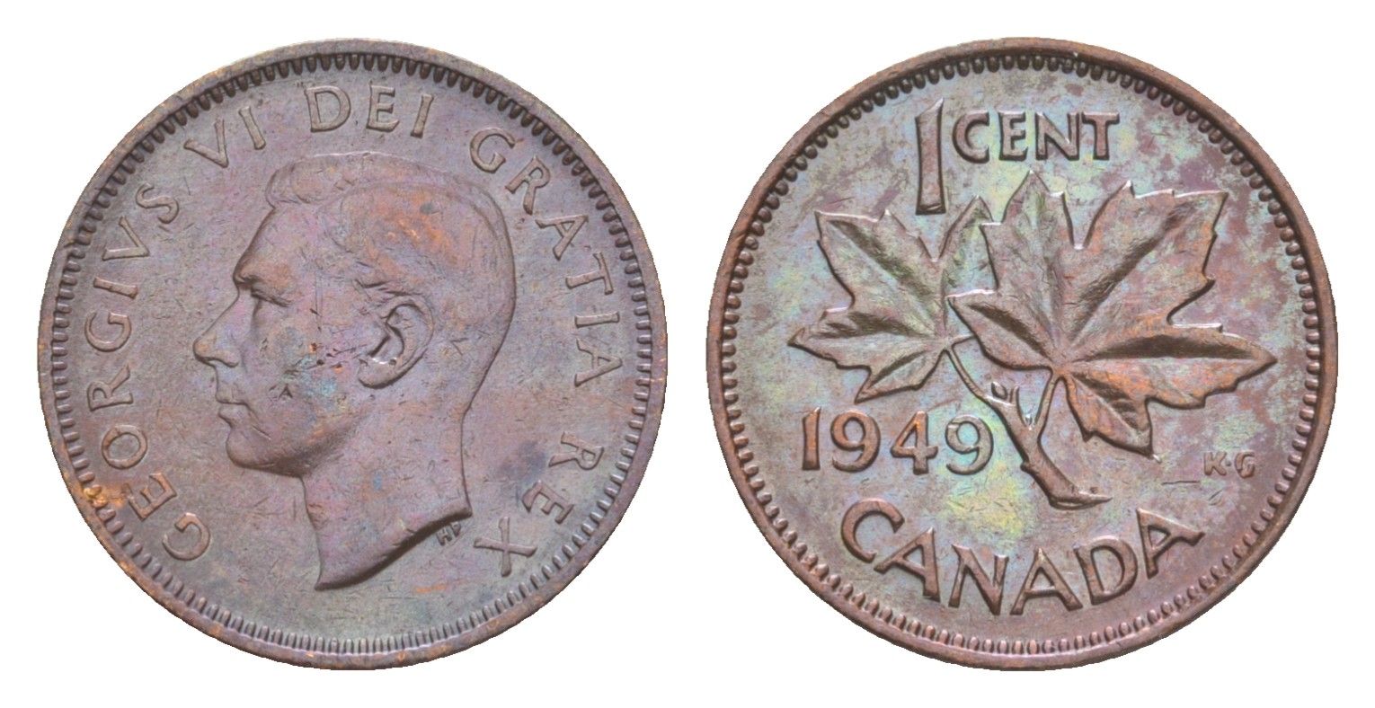 Канада 1 цент 1949 Георг VI (1936-1952), кленовый лист KM 41 бронза 4639-265