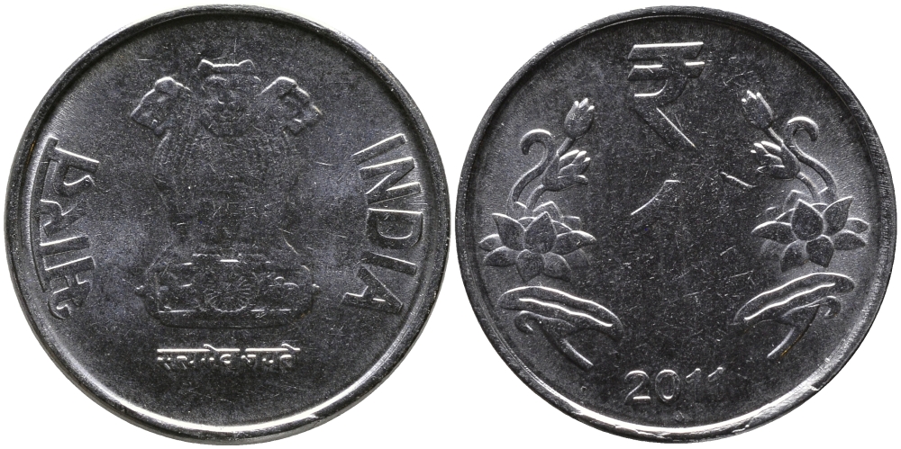 Индия 1 рупия 2011 KM 394 нержавеющая сталь UNC M46-16