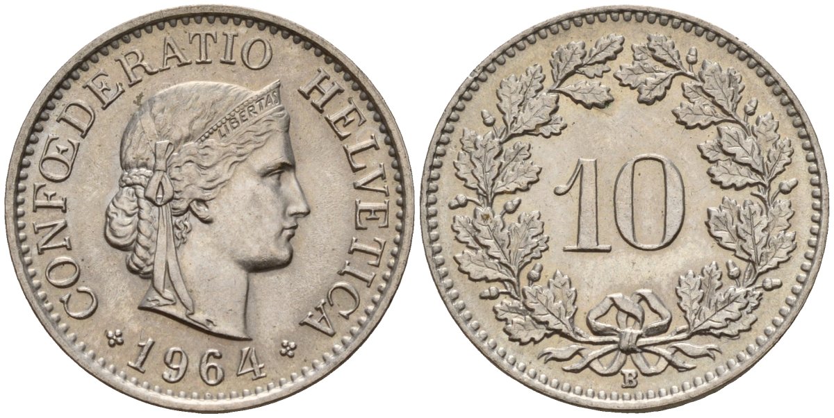 Швейцария 10 раппенов 1964 B KM 27 медно-никель 4189-369
