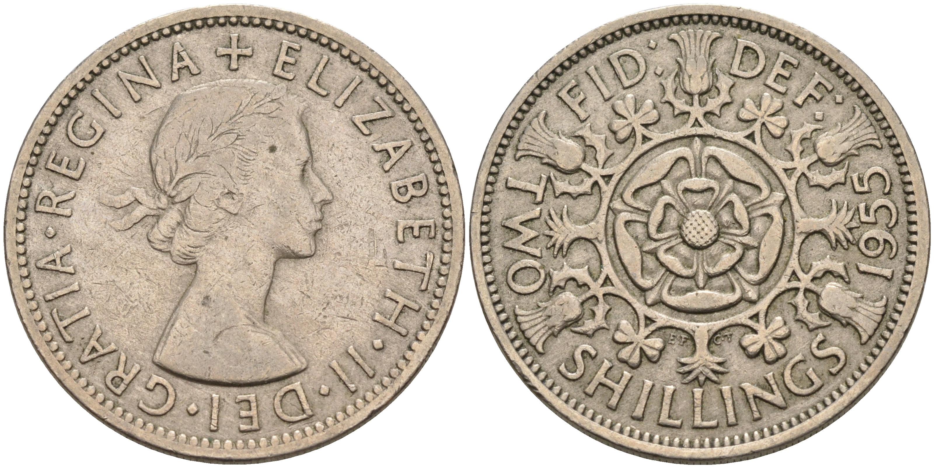 Великобритания 2 шиллинга (флорин) 1955 Елизавета II (1952-2022) KM 906, Spink 4146 медно-никель 4367-134