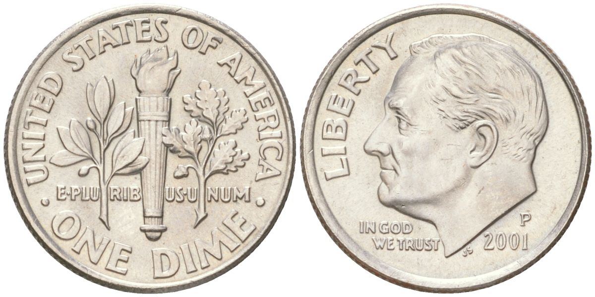 США 10 центов (дайм) 2001 P, Рузвельт KM 195a медь плакированная медно-никелем UNC 4613-827