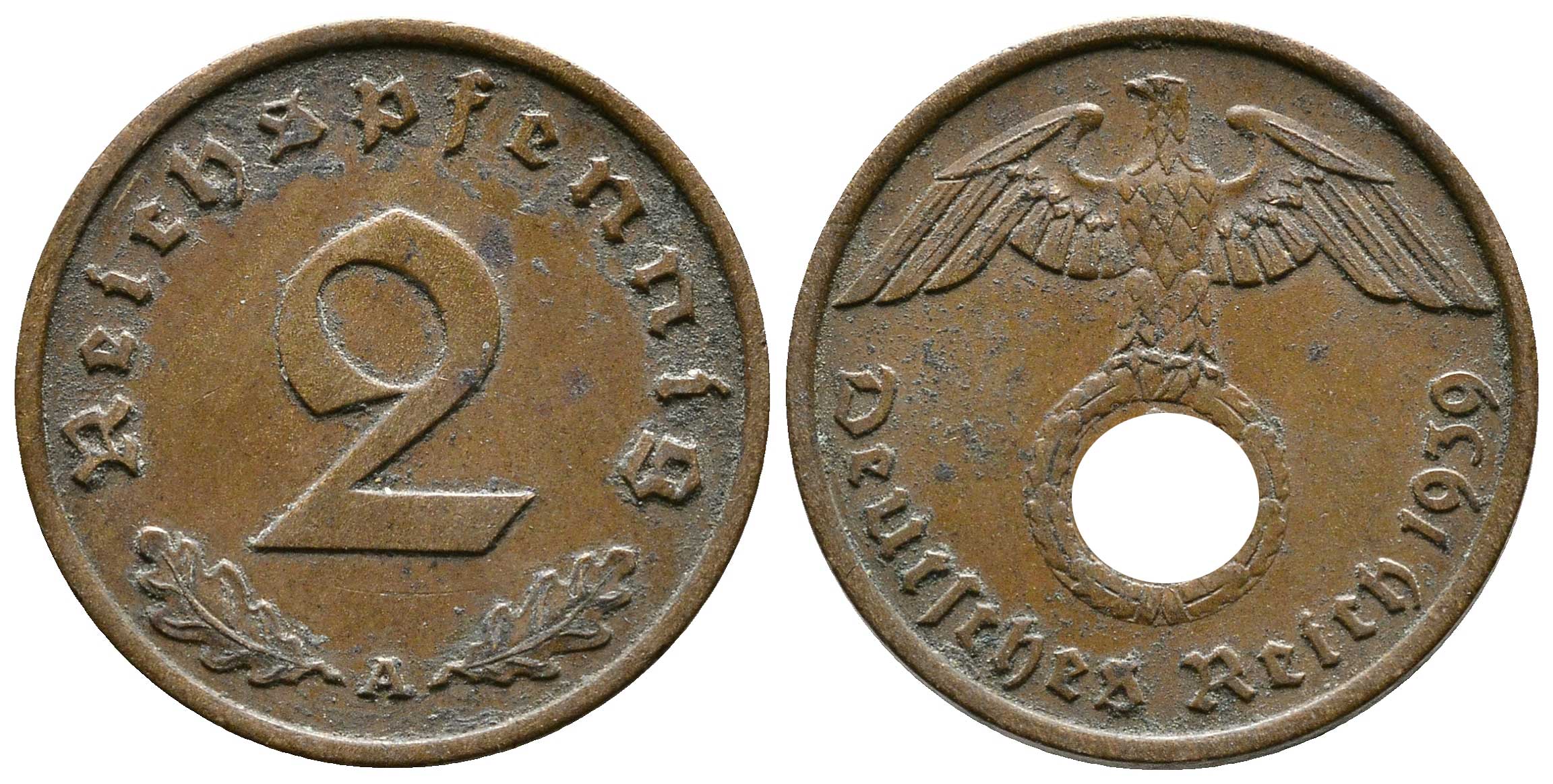 Германия 2 рейхспфеннига 1939 A KM 90, J. 362 бронза 176-1255