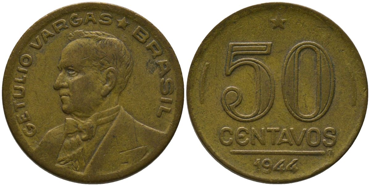 Бразилия 50 сентаво 1944 KM 557a алюминиевая бронза 4575-744