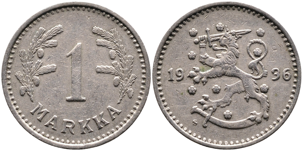 ФИНЛЯНДИЯ 1 МАРКА 1936 S KM 30 медно-никель 4388-947