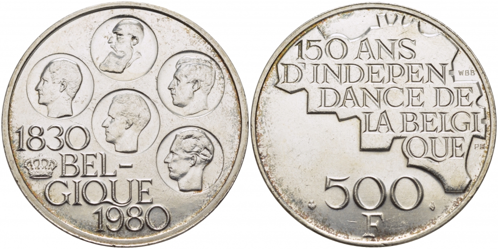 Бельгия 500 франков 1980 150 лет независимости, Belgique, Бодуэн I (1951-1993) KM 161 медно-никель покрытый серебром 107-313