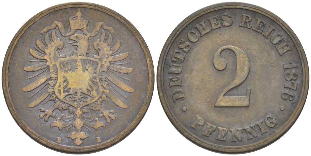 ГЕРМАНИЯ 2 ПФЕННИГА 1876 B, СТАРОГЕРБОВКА KM 2, J. 2, Weege 3 медь 212-616